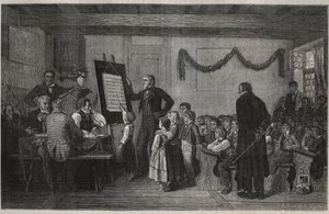 An examination session at a Swiss school - engraving in 