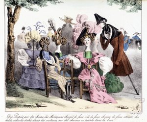 An ironic description of the 19th century bourgeois fashion: “Dolls on chairs, models loaded with fake collars, fake horses, fake attractions; ridiculous clothes spread out in cars, on horses or dragged in mud.” In “La silhouette”, satirical journal by Unknown artist