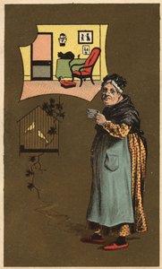 An old woman holding a cup near a cage with birds by Unknown artist