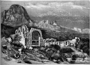 Ancient Architecture: Ruins of the Roman Temple of Zaghouan (Tunisia). Engraving by Riugel in 
