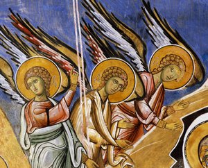 Angels of Annunciation, fresco (1192), Panayia Tou Araka Church (Church of Our Lady of Pea), Lagoudhera, Troodos mountains, Cyprus