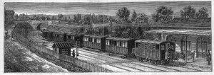 Application of Faure batteries: Electric train on a railway voice in a station. In Le Monde Illustre by Unknown artist