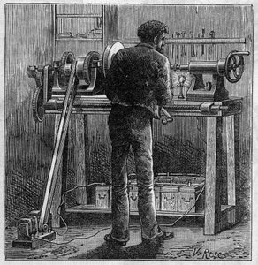 Application of Faure batteries: turn of a craftsman powered by the accumulator. In Le Monde Illustre by Unknown artist