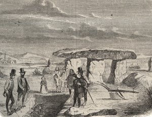 Archeological excavations: discovery of Gaul tombs near the Dolmen de la Pierre aux Fees in the Oise. Engraving from 1856 in 