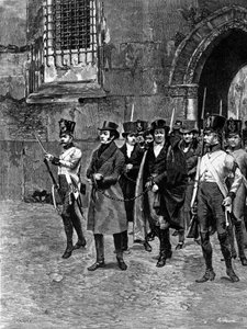 Arrest of Carbonari from Veneto Lombardy. Illustration of Matania. Engraving of the 19th Century