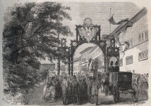 Arrival of Empress Elisabeth of Austria (Sissi) in Bad Kissingen (Spa) in 1865 (engraving in 