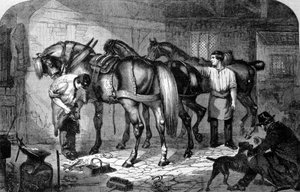 Artisan: The Farrier Making Horse Hooves. Engraving of the 19th Century by Unknown artist