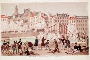 Attack of the Town Hall of Paris and the battle of the bridge of Arcola, 28 July 1830 (engraving) by Unknown artist