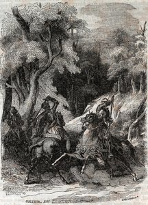 Battle between Roland and Ferragus - engraving of 1851 from Furious Roland (Orlando furioso) (16th century) by Ludovico Ariosto, known as the Ariosta - Edition translated from Italian by the Count of Tressan and published by Gustave Harvard 1851 by Unknown artist