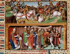 Battle scene and coronation of Emperor Lothary II of Supplinburg (or Lothary III of the Holy Empire, Emperor of the Holy Roman Empire) (1075-1137) from 