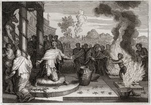 Bible of Royaumont, Old Testament: Ahaz Unholy King. The wicked Ahaz, King of Judah, irritates God, and is delivered to the enemies. Illustration from 1811 by Unknown artist