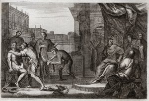 Bible of Royaumont, Old Testament: Ambassadors of David. David sent Joab against the Ammonites to take revenge for the insult that Hanun their Prince had made to his ambassadors, whom he had taken for spies. Illustration from 1811 by Unknown artist