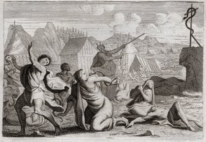 Bible of Royaumont, Old Testament: Brazen Snake. The people murmuring against God and against Moses, are punished by serpents of fire; from which they were wounded by a serpent of brazen, which Moses had raised to be seen from all the people. Illustration  by Unknown artist