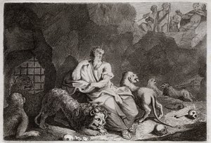 Bible of Royaumont, Old Testament: Daniel in the Lions pit. Daniel is put into the Lions pit, and miraculously is drunk. Illustration from 1811.
