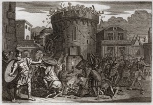 Bible of Royaumont, Old Testament: Death of Abimelech. Abimelech is killed by a woman who crushes him with a stone at the siege of Thebez. Illustration from 1811 by Unknown artist