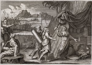 Bible of Royaumont, Old Testament: Death of Sisara. Yael (Jael) kills the head of the Canaan army Sisra (Sisera or Sisara). Illustration from 1811 by Unknown artist