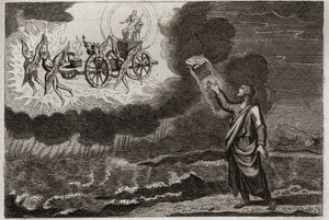 Bible of Royaumont, Old Testament: Ezekiel prophet. Saint Prophet had a vision where the Lord appeared to him on a cart, carried by four cherubim (tetramorph). Illustration from 1811. by Unknown artist