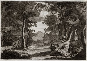Bible of Royaumont, Old Testament: Flight of Hagar. Hagar rises against Sarah her mistress. Sarah chastises her insolence with severity. Hagar cannot suffer her and flees from the house into the desert, where an Angel talks to her to bring her back to Sara by Unknown artist