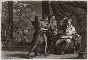 Bible of Royaumont, Old Testament: Friends of Job. Job instead of being consoled by three Princes, his friends, who come to see him, received nothing but grief because they wanted to make him look guilty. Illustration from 1811. by Unknown artist