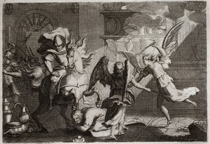 Bible of Royaumont, Old Testament: Heliodore hunting the temple. Heliodore (Heliodoros) sent by his ruler to plunder the Temple of Jerusalem, was beaten with rods by angels. Illustration from 1811. by Unknown artist