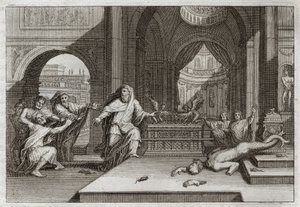 Bible of Royaumont, Old Testament: Idol of Dagon. When the Philistines put the ark of the covenant in the temple beside Dagon their God, she brought down their idol, and smote them all with a very severe plague, which forced them to send her away. Illustra by Unknown artist