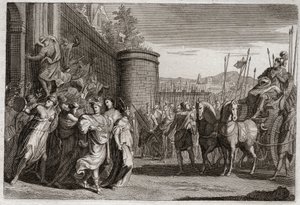 Bible of Royaumont, Old Testament: Jephthah sacrifices his daughter. Jephthah, one of the judges of Israel, vowed to sacrifice to God the first person who would come to him after his victory against the Ammonites. It was his daughter. Illustration from 181