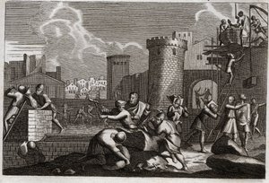 Bible of Royaumont, Old Testament: Jerusalem rebatie. King Artaxerxes I sent Nehemia to Jerusalem with permission to rebuild all its walls. Illustration from 1811 by Unknown artist