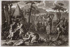 Bible of Royaumont, Old Testament: Jews in the desert (or the gathering of manna). God causes manna to fall from heaven for forty years. Illustration from 1811. by Unknown artist