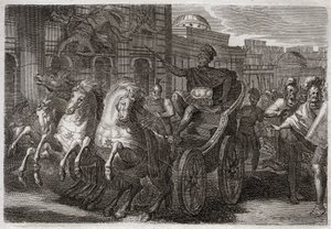 Bible of Royaumont, Old Testament: Jezebel eaten by dogs. Jehu has Jezebel thrown out of a window, and she is eaten by dogs. Illustration from 1811. by Unknown artist