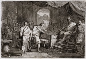 Bible of Royaumont, Old Testament: Joachim released from irons. Evilmerodach, King of Babylon, after the death of Nebuchadnezzar II, treats Joachim, once King of Judah, and releases him from irons to sit on the throne. Illustration from 1811 by Unknown artist