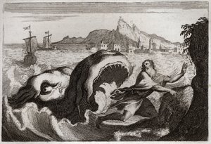 Bible of Royaumont, Old Testament: Jonah in the whale. Prophet Jonah lives in a whale, and comes out alive. Illustration from 1811.