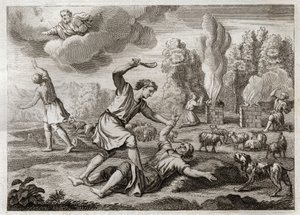 Bible of Royaumont, Old Testament: Murder of Abel. Cain is carrying his brother with envy against Abel, taking him out into the countryside as if to walk, and killing him. Illustration from 1811. by Unknown artist