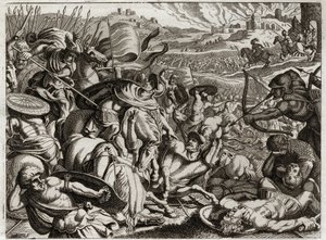 Bible of Royaumont, Old Testament: Punishment of the Benjamites. The tribe of Benjamin is exterminated. Illustration from 1811