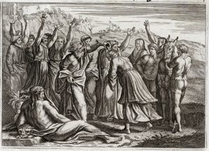 Bible of Royaumont, Old Testament: Solomon King. David established Solomon King at the prayers of Bethsabee and Prophet Nathan. Illustration from 1811 by Unknown artist