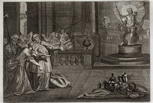Bible of Royaumont, Old Testament: The Idol of Bel. Daniel destroyed the Idol of Bel, and killed a dragon whom the Babylonians worshipped. Illustration from 1811. by Unknown artist