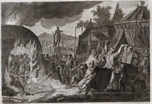 Bible of Royaumont, Old Testament: The three children of Babylon in the furnace. King Nebuchadnezzar II throws three young Hebrew men into a burning furnace, from where they are miraculously delivered. They are called Ananias, Azarias and Misael (or Shadra by Unknown artist