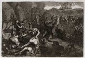 Bible of Royaumont, Old Testament: Thieves of Ziklag. Some Amalekites come to plunder Ziklag in the absence of David. He runs furious and defeats them. Illustration from 1811. by Unknown artist