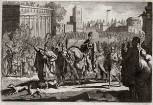Bible of Royaumont, Old Testament: Triumph of Mordecai. Haman is forced by the King to proclaim the triumph of Mordecai his enemy throughout the city of Susa. Illustration from 1811. by Unknown artist