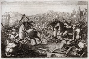 Bible of Royaumont, Old Testament: Victory of Judas. Judas Maccabee defeated Apollonius, Seron, Ptolemy Macron, Gorgias, Nicanor and Lysias in various battles. Illustration from 1811 by Unknown artist