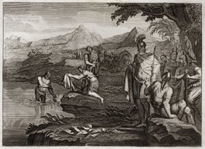 Bible of Royaumont, Old Testament: War of Naaman. Naaman, general of the army of the King of Syria, came to find the Prophet Elisha to be healed of his leprosy. Illustration from 1811.