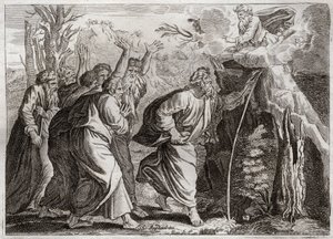 Bible of Royaumont, Old Testament: Water from the Rock. Moses brings water out of the rock, and gives a drink to the people of Israel. Illustration from 1811. by Unknown artist