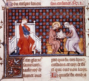 Blanche de Castille, Queen of France, directing the education of her son Louis IX (Saint Louis). Miniature from a manuscript 