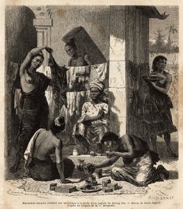 Burmese merchants selling fabrics and perfumes to Laotian women at the door of a pagoda in Muong Mai. Engraving to illustrate the voyage of exploration in Indochina, by Francis Garnier, lieutenant de Vaissseau, in 1866-1868, published in “Le tour du monde” by Unknown artist