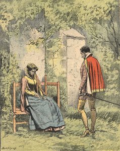 Bussy and Diane, known as Madame de Monsoreau, in the garden ready of the Church. Illustration of the novel “La Dame de Monsoreau” by Alexandre Dumas in the “Journal des novels populaires illustrés” by Unknown artist