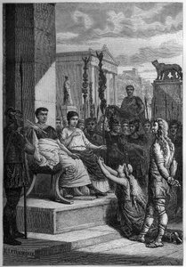 Captivity of Caratacus with his family addresses the Roman Emperor Claudius - Engraving in 