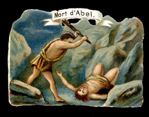Cain killing his younger brother Abel out of jealousy (Children of Adam and Eve). Chromolithography of the 19th century. by Unknown artist