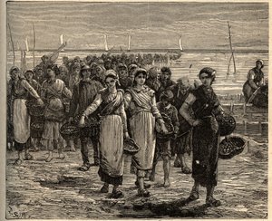Cancale - Brittany - Les cancalaises au retour des bateau de fishing - engraving in PATRIE - DESCRIPTION PECTUREQUIREQUE DE LA FRANCE EN 6 VOLUES BY LUCIEN HUARD - end 19th century
