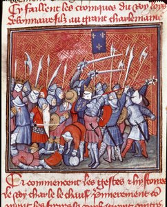 Carolingian dynasty: Carolingian king Charles II says the bald during a battle. Miniature from 