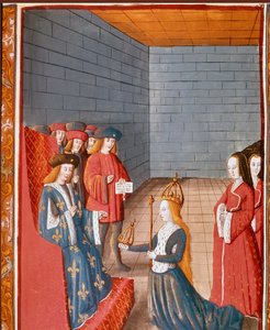 Carolingian king Charles II the Bald takes the head of the western empire at the death of his father Louis the Pious in 840. Miniature from 
