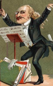 Cartoon of a conductor at the end of the 19th century.